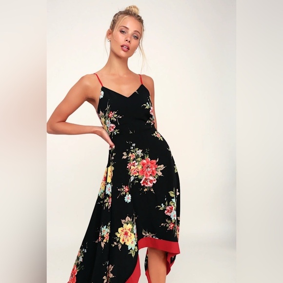 NWT Go Fleur a Twirl Black Floral Print Handkerchief Midi Dress Size Small - Picture 4 of 4